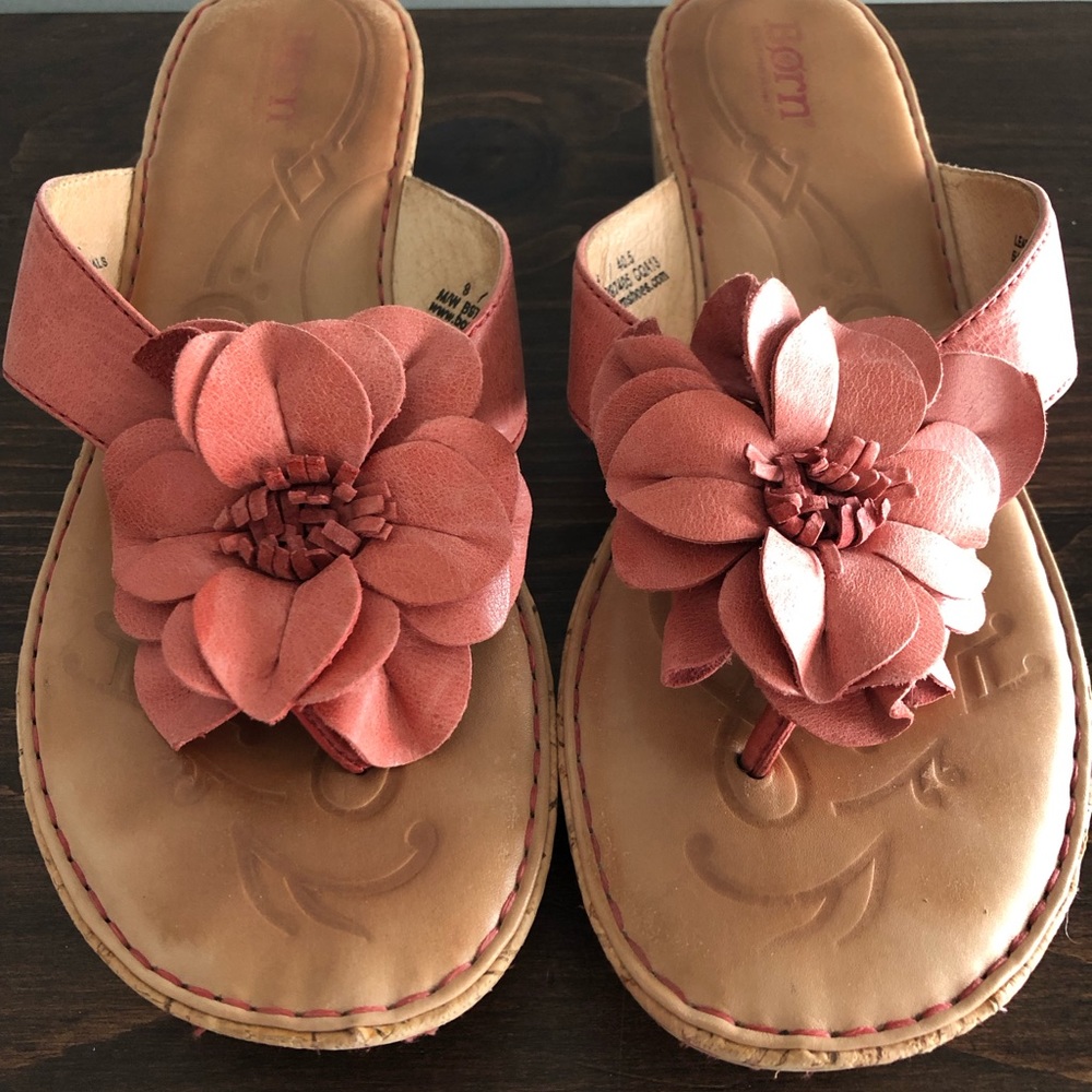 BORN Pink Coral Leather Floral Cork Wedge Heel Sandal Thong
